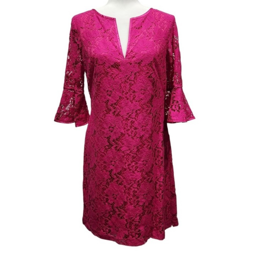 Adrianna Papell Fuschia Lace Split V Neck Exposed Zip Bell Sleeves Sheath Dress